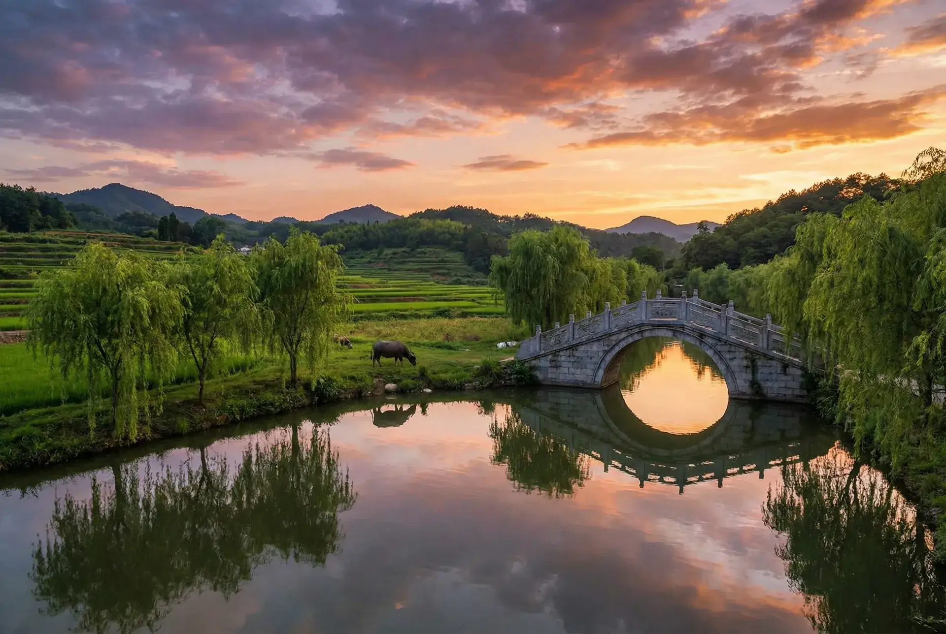 夕阳下的石拱桥与垂柳，水牛在河边吃草 - 尹人香蕉午夜电影网 乡村美景
